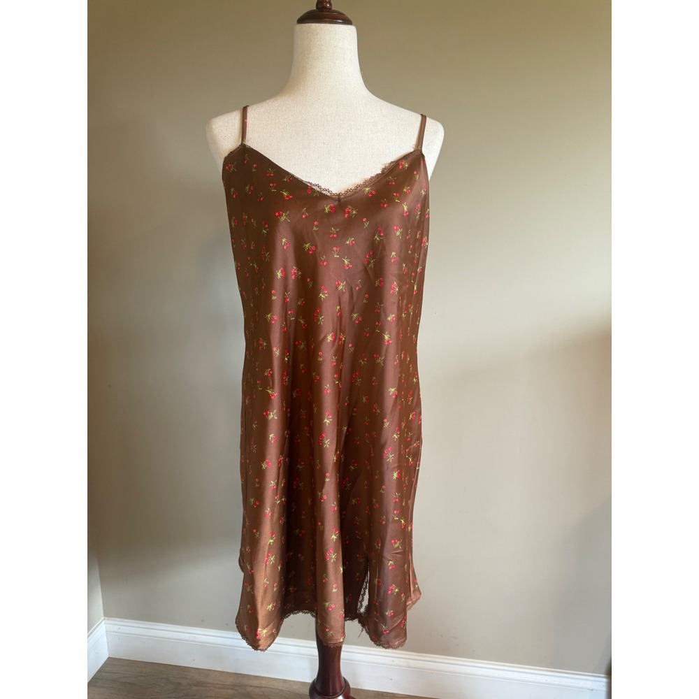 Wild Fable Brown Cherry Print Satin Slip Dress Lace Trim Tie Back Large NEW